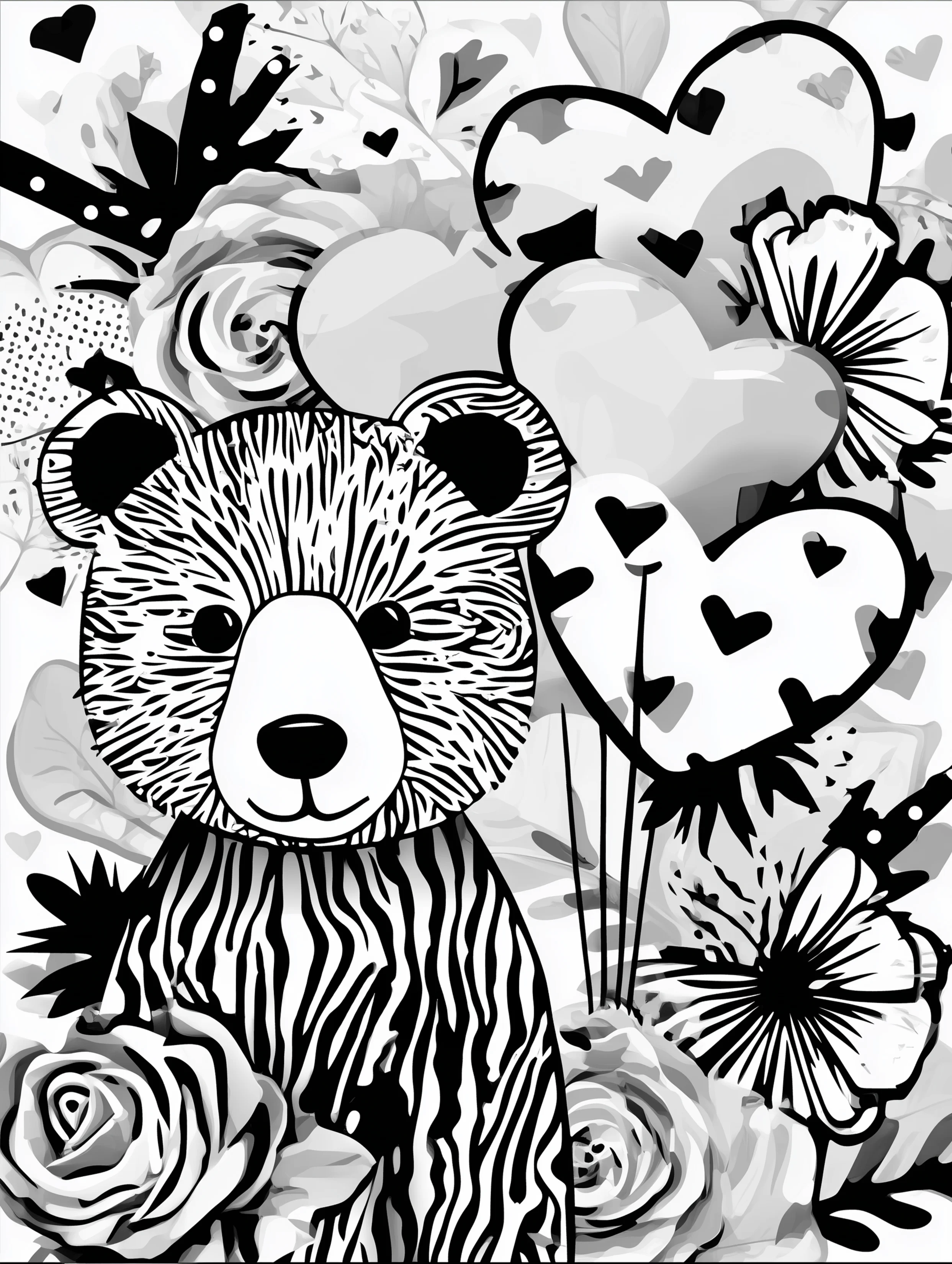 Free printable bear coloring book page featuring a bear holding heart balloons